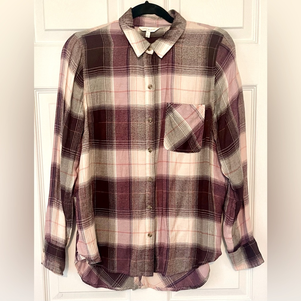 LUCKY BRAND‎ Super Soft OVERSIZED Flannel |color CREAM TAN & WINE Plaid | SMALL